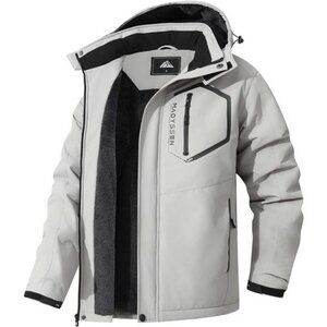 Men's Grey Mountain Ski Jacket Winter Snow Coats Waterproof Warm Fleece Hooded